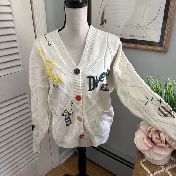 ebossy Sweaters - EBOSSY Womens Sweater Small Cream Cardigan Embroidered Retro Preppy Casual
